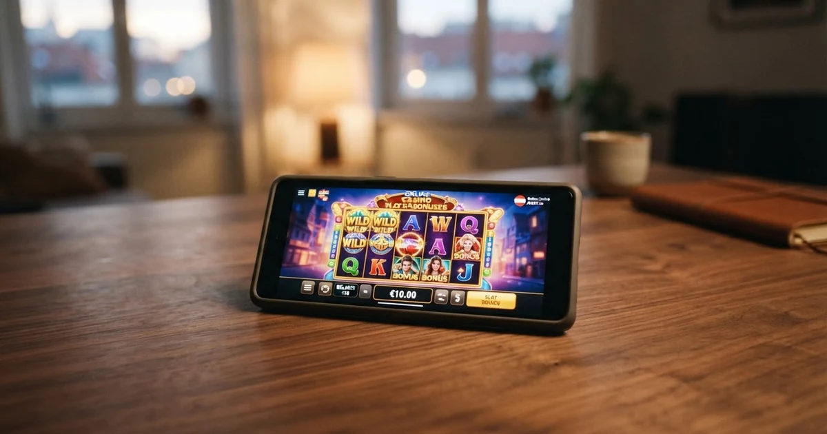 Bildschirm eines Online-Casinos mit Einzahlungsoption „10 Euro“ und Spielautomaten im Hintergrund