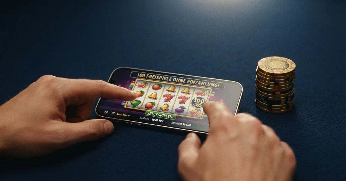 Hundert goldene Casino-Chips gestapelt neben einem Smartphone mit geöffneter Slot-Walze auf dem Bildschirm, vor einem dunkelblauen Hintergrund mit dezentem Lichtakzent
