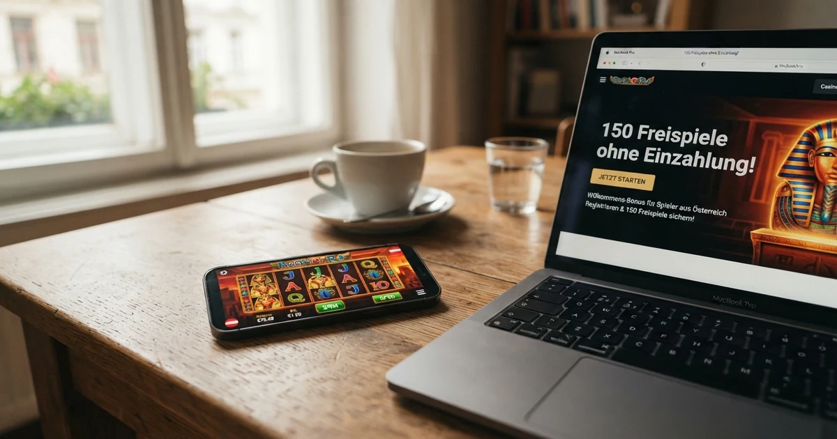 Ein Laptop-Bildschirm zeigt die Willkommensseite eines Online-Casinos mit der Ankündigung „150 Freispiele ohne Einzahlung“, daneben liegt ein Smartphone mit geöffneter Casino-App — im Hintergrund eine österreichische Kaffeetasse auf einem Holztisch