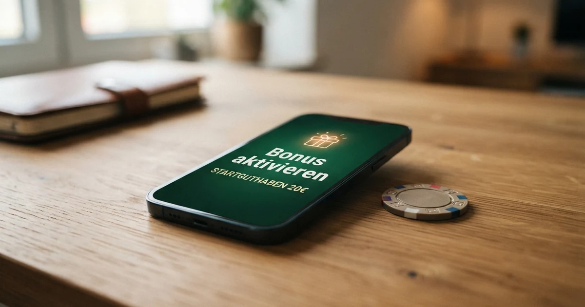 Eine Nahaufnahme eines Smartphones mit einer Casino-App, auf dem Bildschirm ein hervorgehobener Button „Bonus aktivieren“ oder „Ohne Einzahlung spielen“, daneben ein Geldschein über 20 Euro