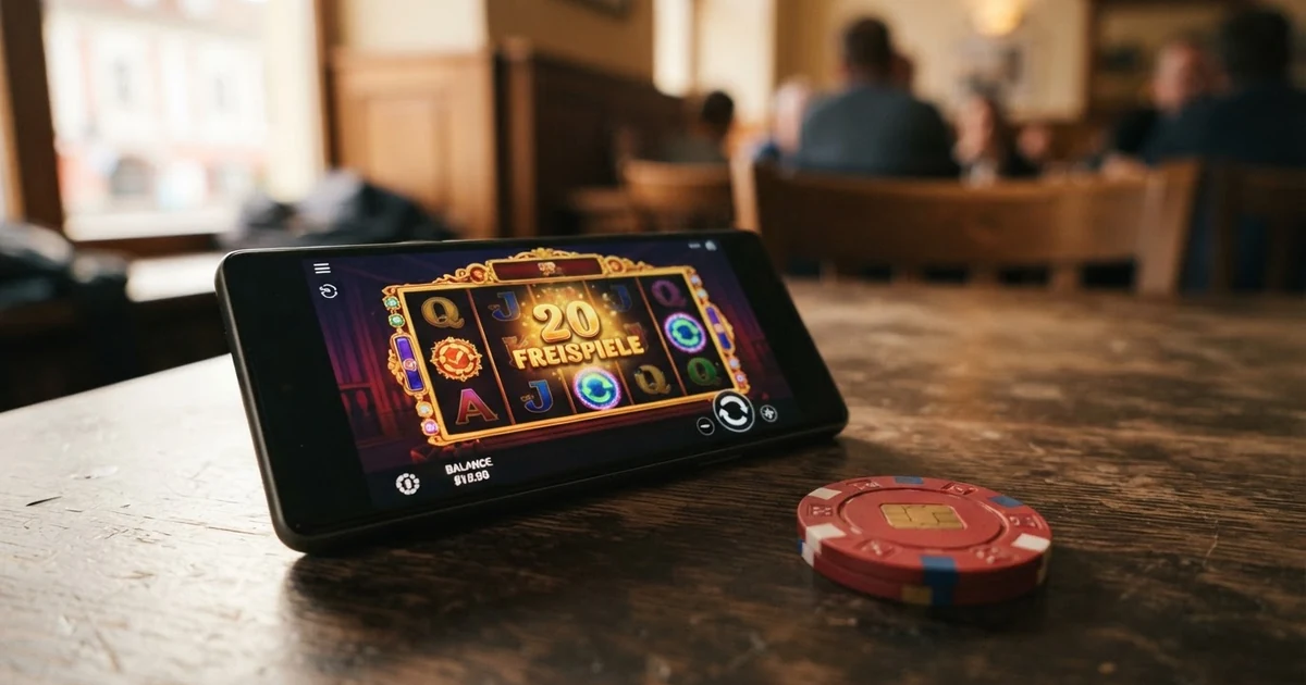 Leuchtende Spielautomaten-Walzen mit Freispiel-Symbolen auf einem Smartphone-Bildschirm, daneben ein durchgestrichenes Euro-Zeichen