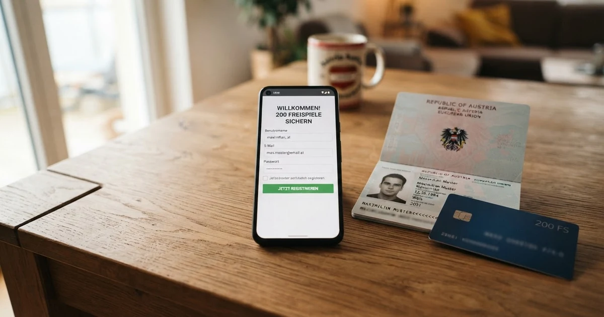 Nahaufnahme eines Smartphone-Bildschirms mit geöffneter Casino-Registrierungsseite, im Hintergrund ein österreichischer Reisepass und eine Kreditkarte auf einem Schreibtisch