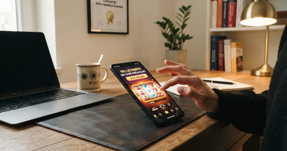 Ein Laptop mit geöffnetem Online-Casino-Startbildschirm, auf dem ein Bonus-Angebot und Casino-Symbole zu sehen sind, daneben ein Smartphone mit dem gleichen Bildschirm