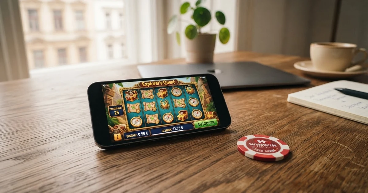 Drei Spielautomaten-Symbole auf einem Smartphone-Bildschirm, daneben ein glänzendes Willkommensbonus-Symbol mit der Zahl 30