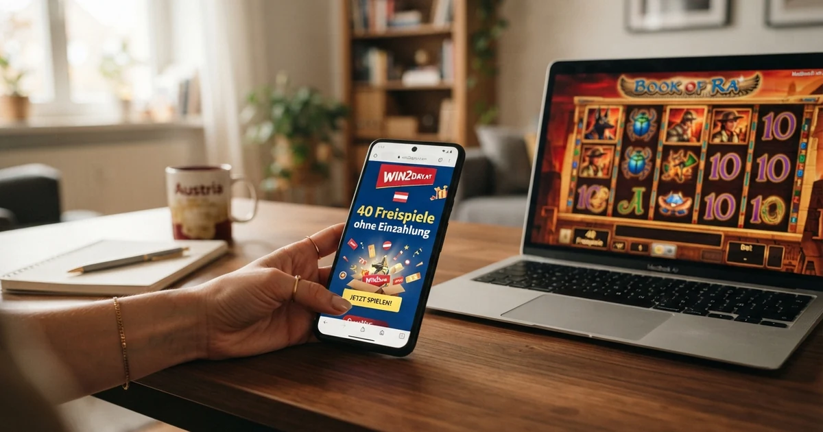 Eine Nahaufnahme eines Smartphone-Bildschirms mit einem Casino-Willkommensbonus, der „40 Freispiele ohne Einzahlung“ anzeigt, daneben ein geöffneter Slot-Automat mit sichtbaren Walzen