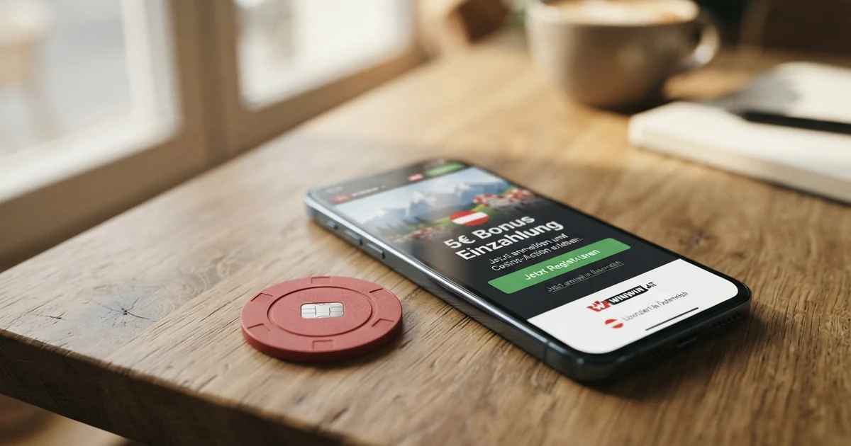 Ein 5-Euro-Schein und ein Smartphone mit geöffneter Casino-Registrierungsseite nebeneinander auf einem Tisch