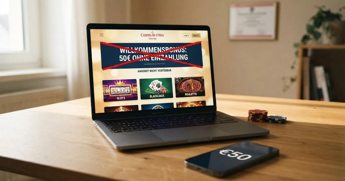 Ein geöffneter Laptop zeigt eine Casino-Startseite mit einem als durchgestrichen markierten 50€-No-Deposit-Banner, daneben österreichische Euro-Scheine und ein Smartphone mit einer Casino-App