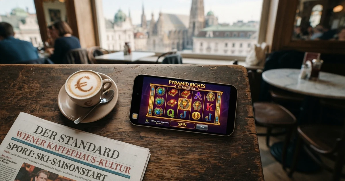 Ein Smartphone mit geöffnetem Slot-Spielfenster und dem Text „50 Freispiele ohne Einzahlung“ vor einem österreichischen Kontext