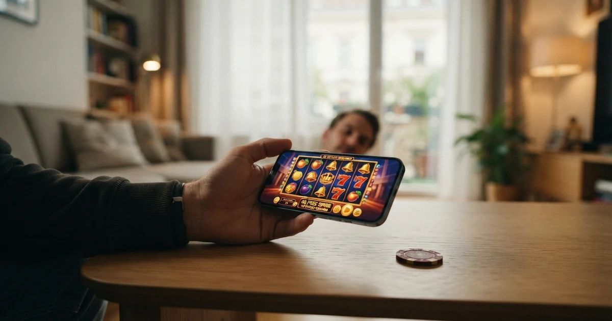 Online-Casino-Werbeanzeige mit 60 Freispielen ohne Einzahlung auf einem Smartphone-Bildschirm, daneben ein österreichischer Reisepass