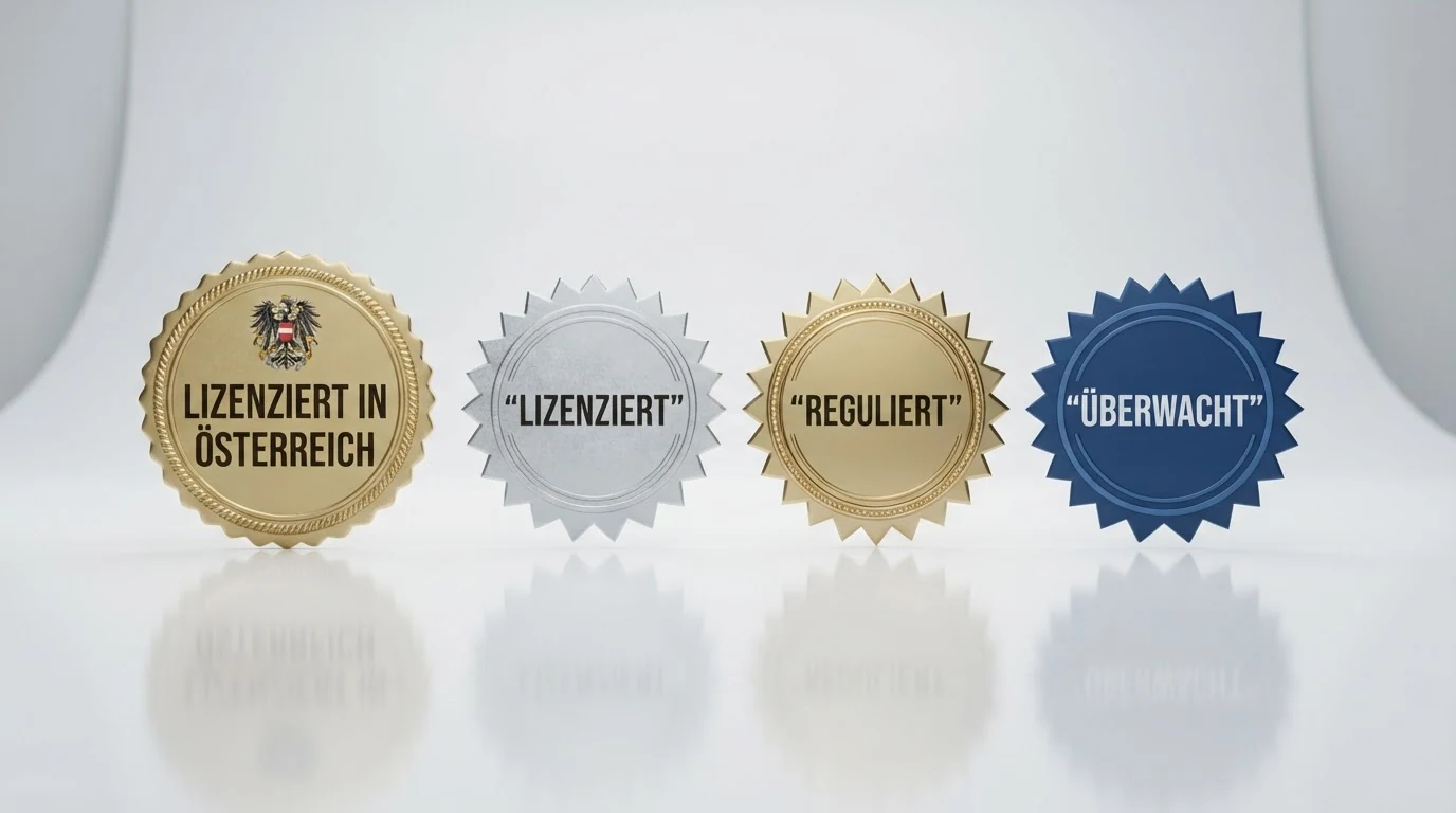 Eine Gegenüberstellung von Lizenzsiegeln: links das BMF-österreichische Hoheitssymbol für win2day, rechts die Logos der MGA Malta, Curaçao eGaming und Gibraltar Regulatory Authority nebeneinander.