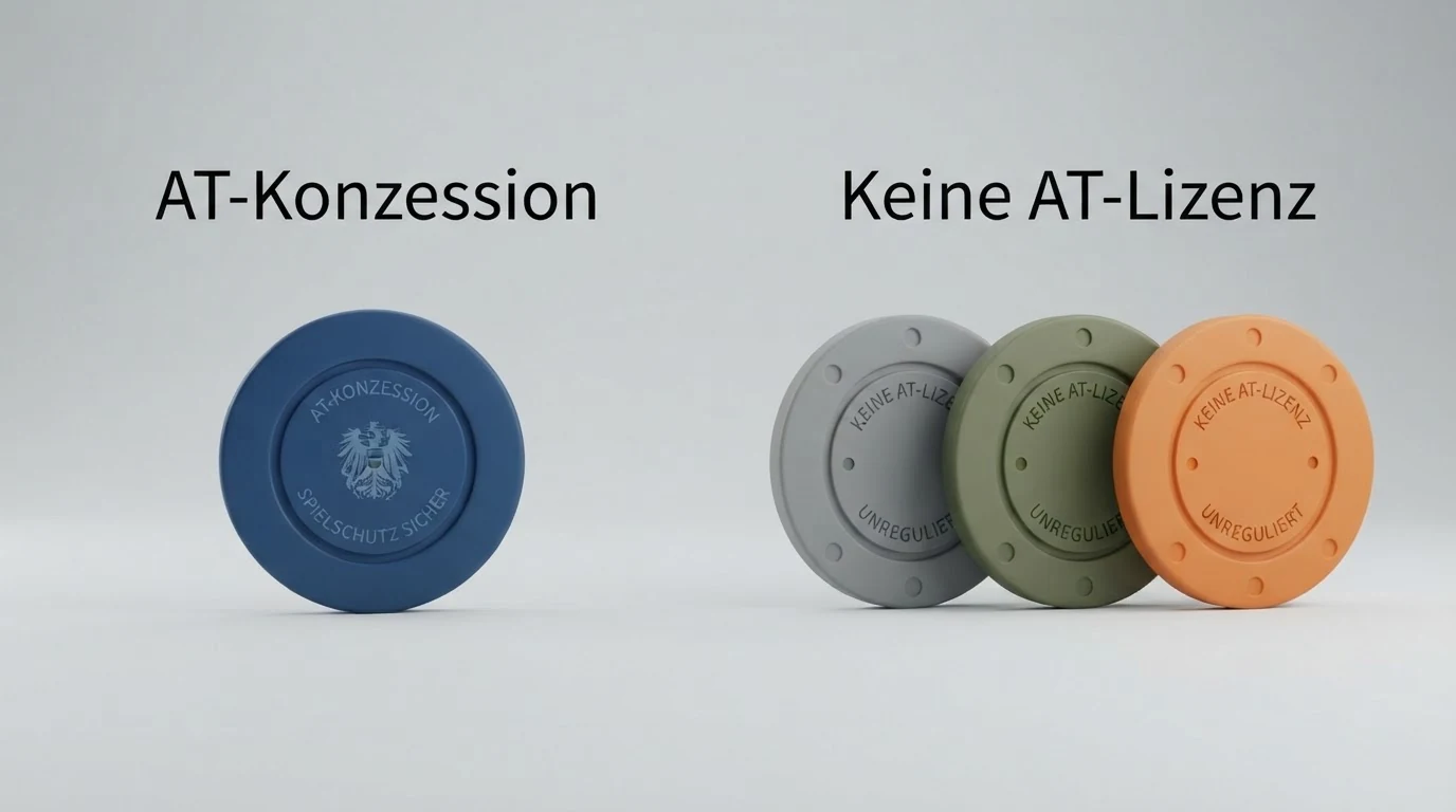 Eine Übersichtstabelle mit Casino-Logos, sortiert nach Lizenzstatus — links das win2day-Logo unter „AT-Konzession“, rechts mehrere internationale Logos unter „Keine AT-Lizenz“