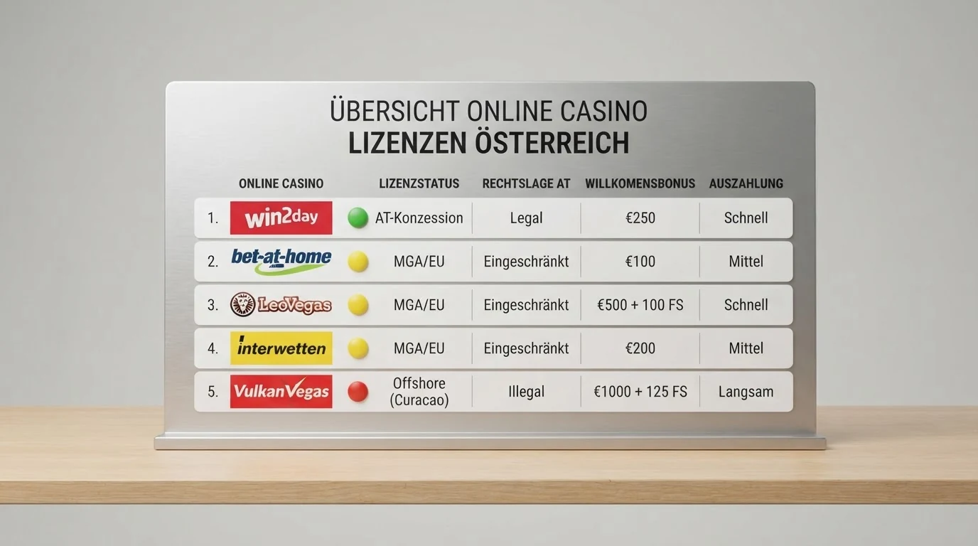 Eine tabellarische Gegenüberstellung der zehn vorgestellten Casino-Logos mit farblich markiertem Lizenzstatus (grün = AT-Konzession, gelb = MGA/EU, rot = Offshore)