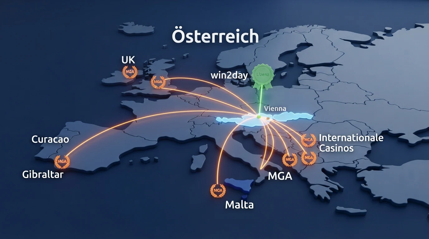 Eine Karte Europas mit Malta und Wien als Standorten, verbunden durch farblich markierte Linien (grün: AT-Konzession zu win2day, orange: MGA-Lizenzen zu den neun internationalen Anbietern)