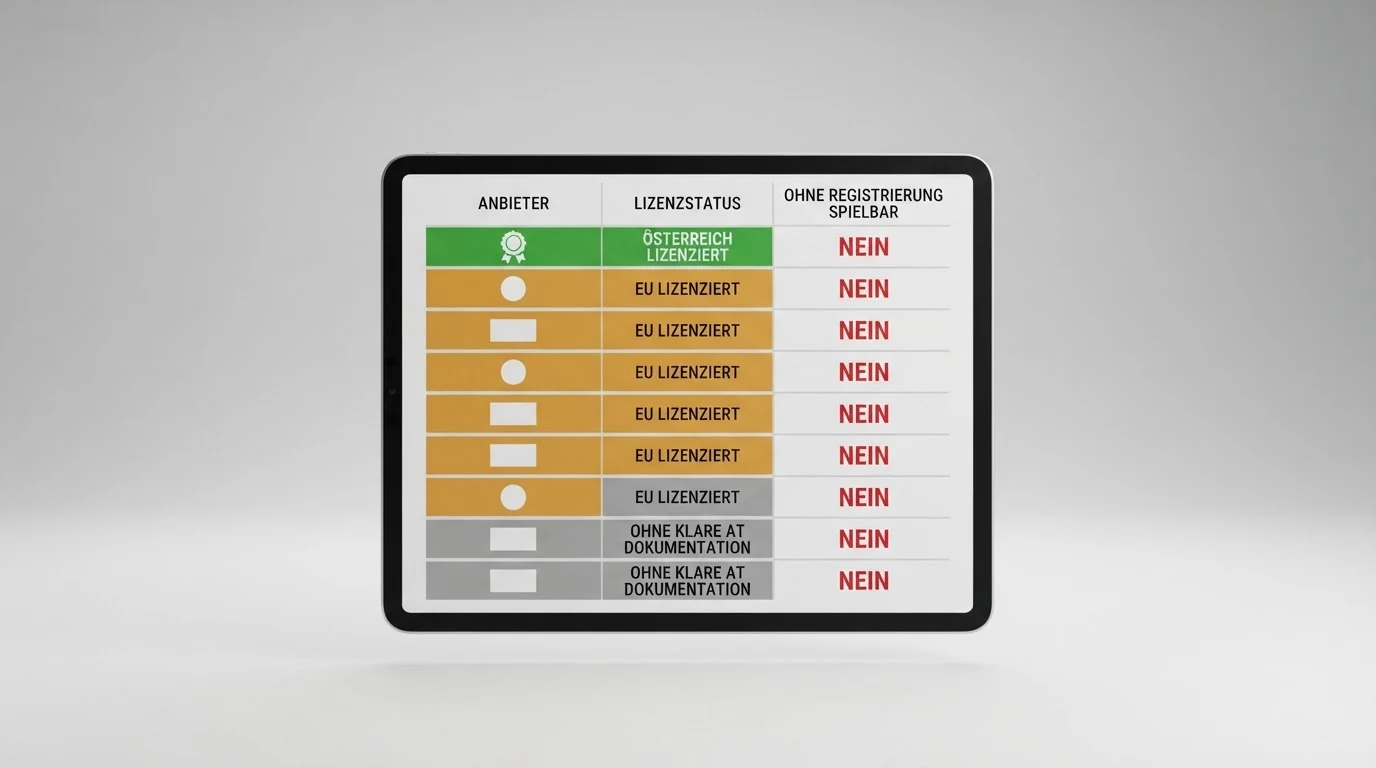 Eine tabellarische Übersicht mit Casino-Logos und farblich markiertem Lizenzstatus — die Spalte „Ohne Konto spielbar“ zeigt durchgehend „Nein“