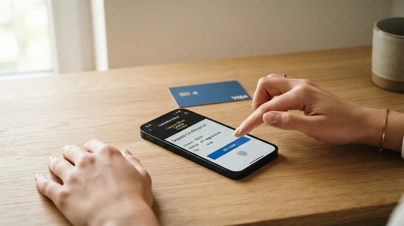 Der Kassenbildschirm eines Online-Casinos mit hervorgehobenem Apple-Pay-Button und daneben ein iPhone mit Face-ID-Scan