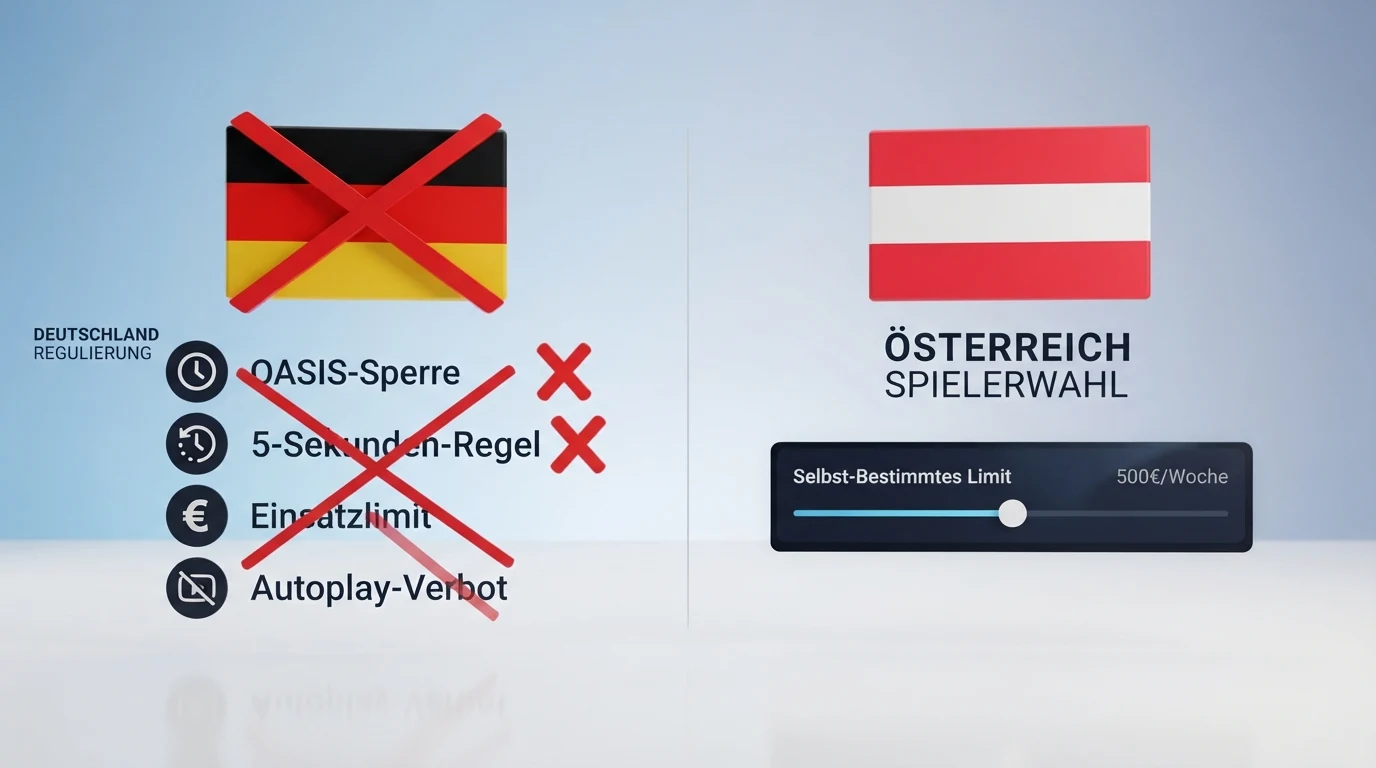 Grafische Gegenüberstellung: linke Spalte Deutschland mit OASIS, 5-Sekunden-Regel und €1-Limit durchgestrichen, rechte Spalte Österreich mit win2day-Logo und selbstgewähltem Limit