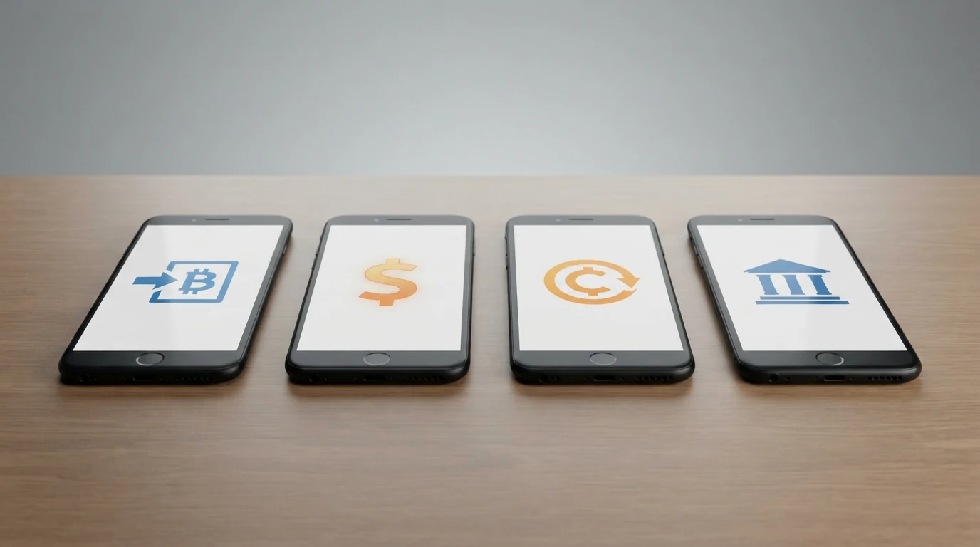 Smartphone-Display mit den Logos von Trustly, Skrill, Bitcoin und Banküberweisung nebeneinander — die vier zentralen Auszahlungswege im Vergleich