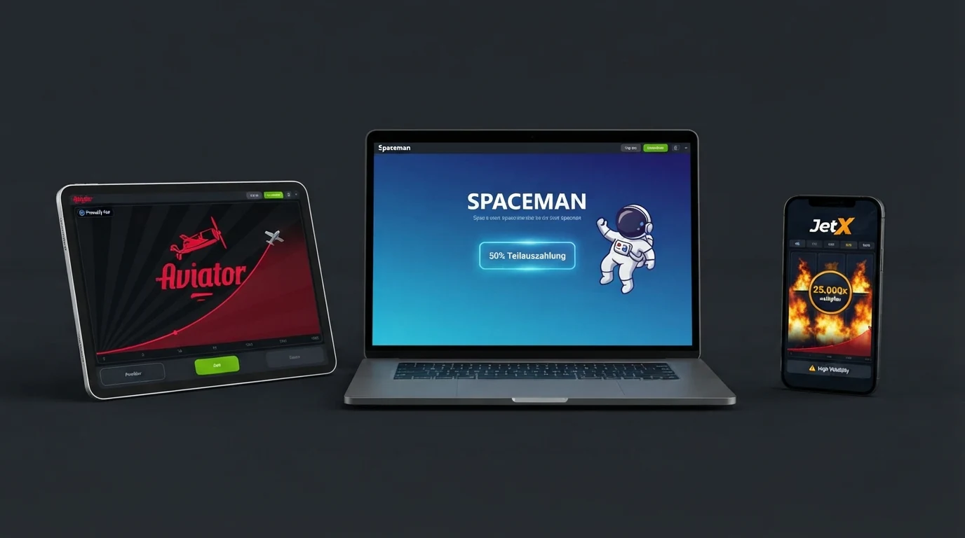 Screenshots der Spieloberflächen von Aviator, Spaceman und JetX mit ihren charakteristischen Multiplikator-Graphen