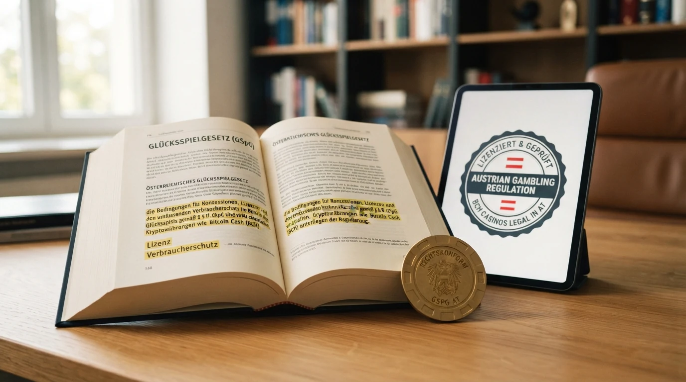 Symbolische Gegenüberstellung: Österreichisches Gesetzbuch neben Curaçao-Lizenzsiegel