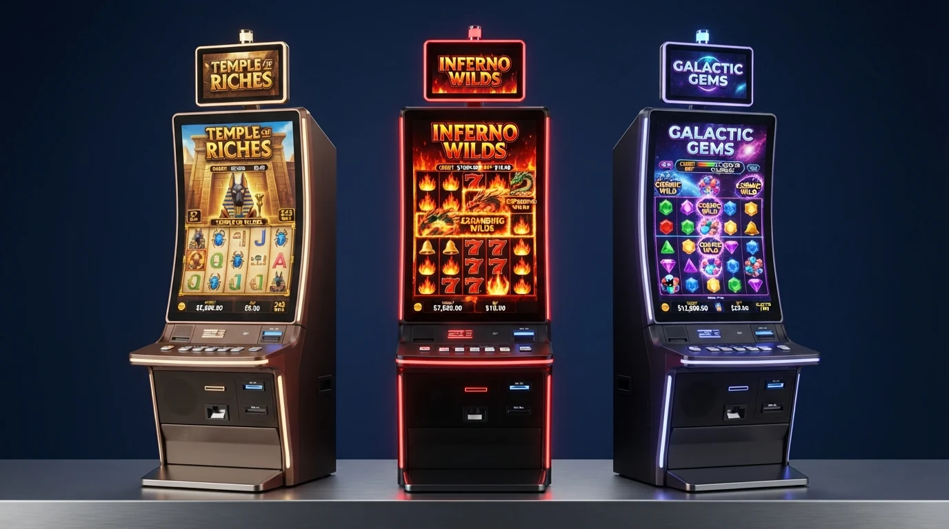 Drei Spielautomaten-Bildschirme nebeneinander im Demo-Modus: Book of Ra, Book of Dead und Starburst mit sichtbaren Gewinntabellen.