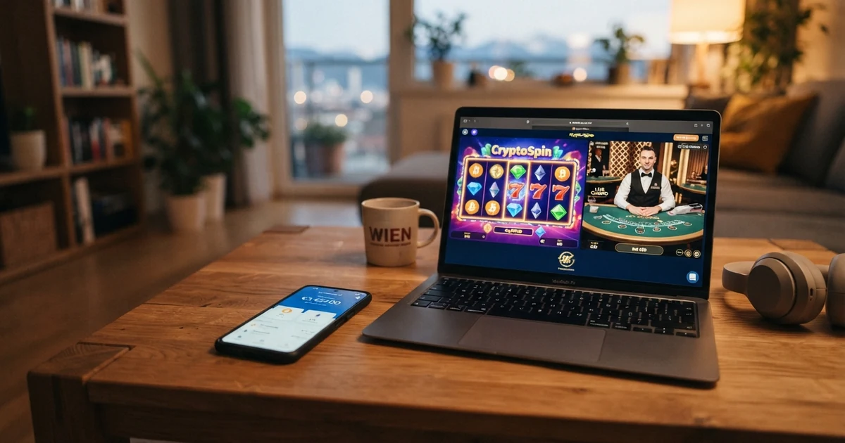 Eine Wallet-App auf einem Smartphone neben einem Laptop, der ein Krypto-Casino mit Spielauswahl und Bitcoin-Kurs anzeigt