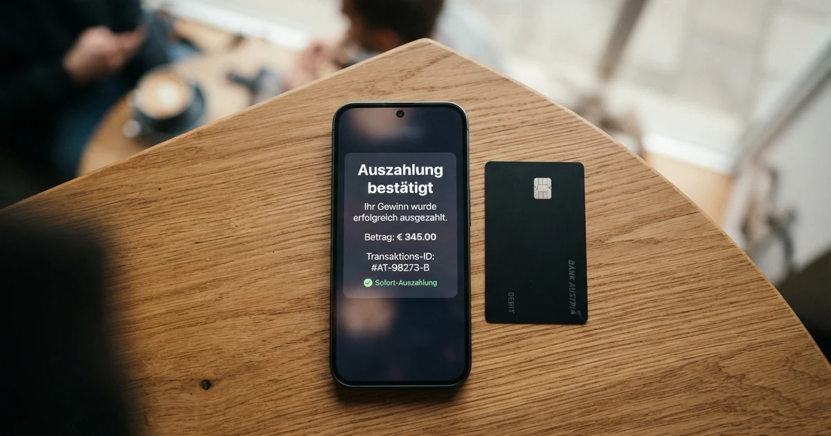Nahaufnahme eines Smartphone-Bildschirms mit einer Casino-Auszahlungsbestätigung in Euro, daneben eine österreichische Bankkarte auf einem Tisch