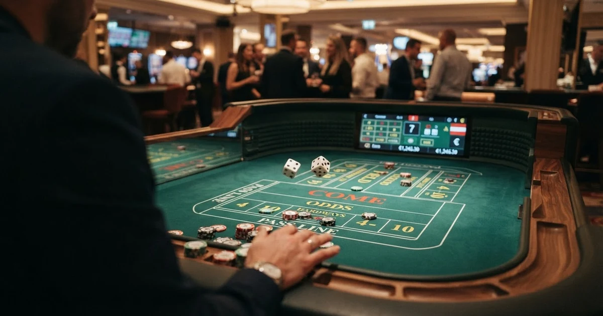Craps-Tisch mit Würfeln und Casino-Chips, eingebettet in eine digitale Casino-Oberfläche mit deutschsprachiger Benutzerführung