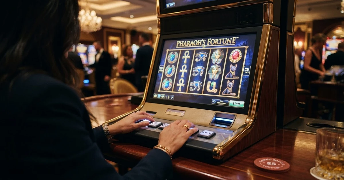 Das Spielraster von Legacy of Dead mit altägyptischen Symbolen und den fünf Walzen in einer Casino-Umgebung