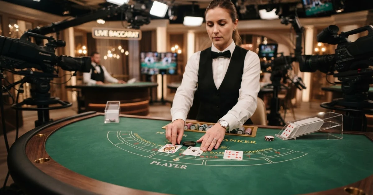 Ein Live-Croupier teilt an einem Baccarat-Tisch physische Karten aus, mehrere Kameras erfassen das Spielgeschehen aus verschiedenen Perspektiven