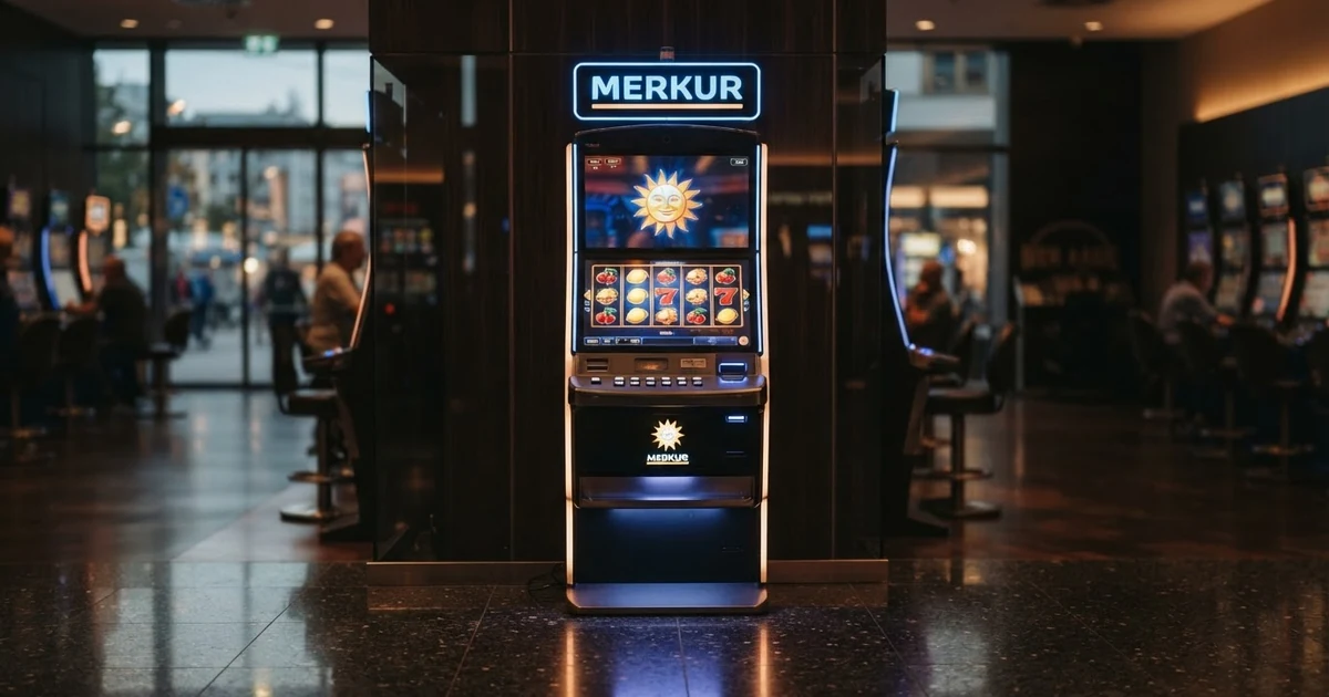 Eine gläserne Spielothek-Fassade mit dem Merkur-Schriftzug in blauem Neon, im Hintergrund leuchtende Spielautomaten