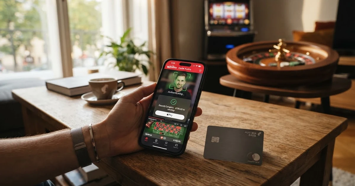 Ein iPhone mit geöffneter Casino-App und dem Apple-Pay-Bestätigungsdialog, vor einem angedeuteten Spieltisch-Hintergrund