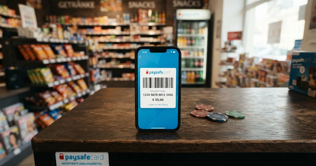 Ein Smartphone mit geöffnetem CashtoCode-Barcode neben Bargeld und einer Tankstellen-Kasse in Österreich