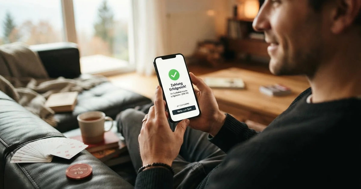 Ein Smartphone zeigt die Google-Pay-App mit dem Bestätigungshaken einer abgeschlossenen Zahlung, im Hintergrund sind Spielkarten und Casino-Elemente angedeutet