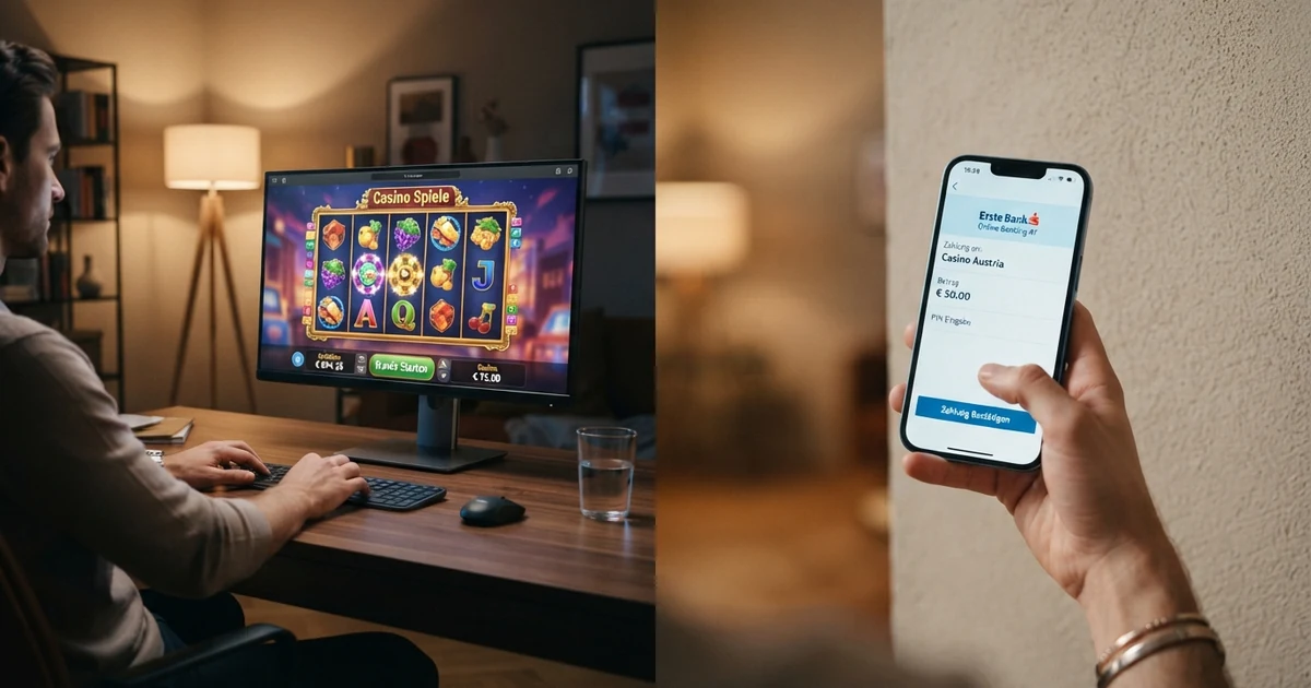 Ein geteiltes Bild: links die Lobby eines Online Casinos mit Spielautomaten, rechts das Klarna-Sofortüberweisung-Interface auf einem Smartphone-Bildschirm
