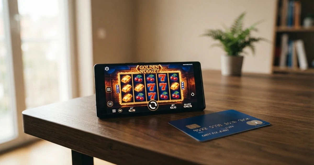 Eine Kreditkarte liegt neben einem Smartphone, auf dessen Display ein Online-Casino-Spielautomat zu sehen ist