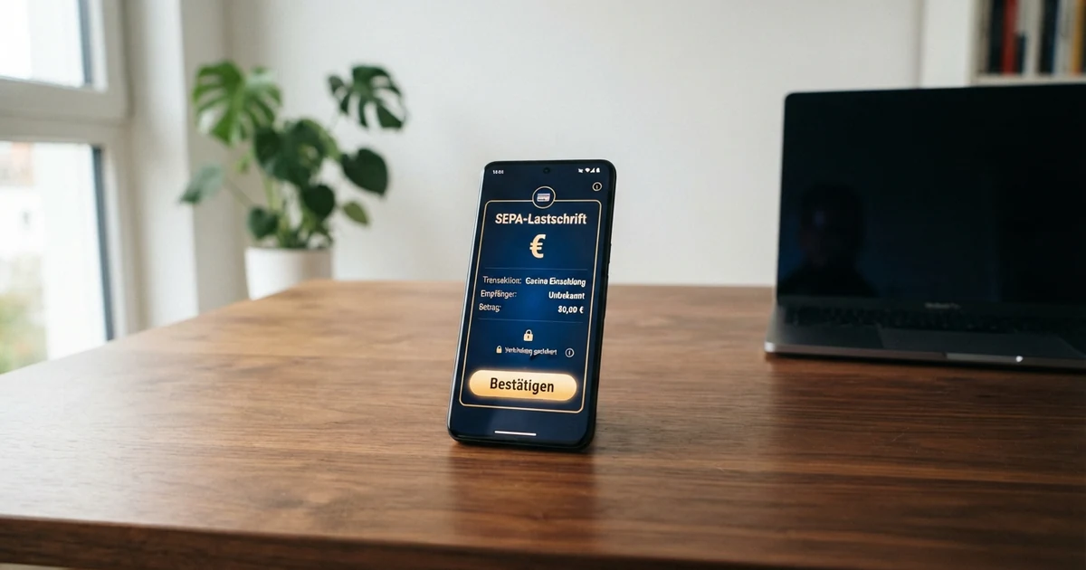Eine stilisierte Darstellung einer SEPA-Lastschrift-Transaktion auf einem Smartphone-Bildschirm mit einer Casino-Oberfläche im Hintergrund