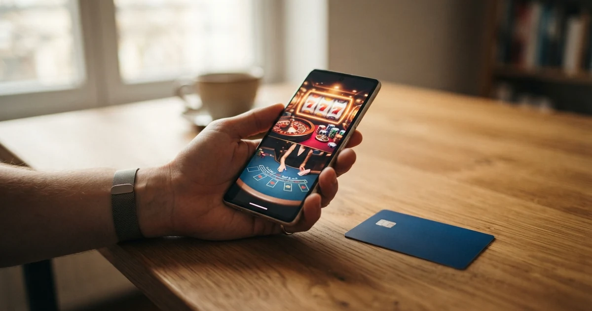 Eine Mastercard-Kreditkarte liegt neben einem Smartphone, auf dessen Display eine Casino-Oberfläche mit Spielautomaten zu sehen ist