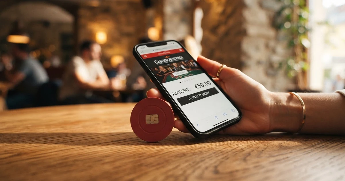 MuchBetter-App auf einem Smartphone mit geöffneter Casino-Einzahlungsmaske, daneben eine Kreditkarte