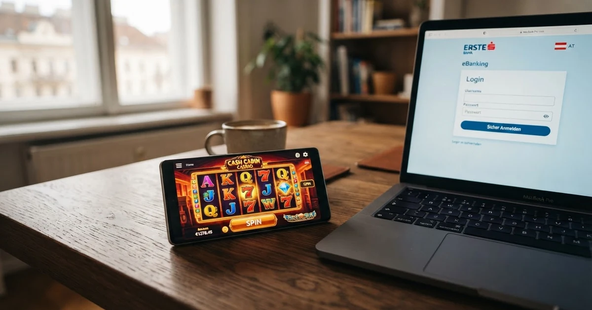Ein Smartphone mit geöffneter Banking-App und das Trustly-Logo auf einem Laptop-Bildschirm nebeneinander