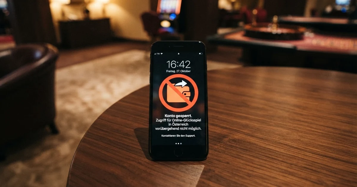 Ein gesperrtes PayPal-Logo auf einem Smartphone-Bildschirm vor dem Hintergrund einer Casino-Lobby