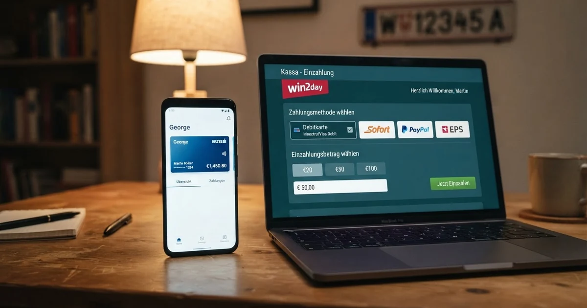 Revolut-App auf einem Smartphone-Bildschirm neben der Kassenansicht eines Online-Casinos