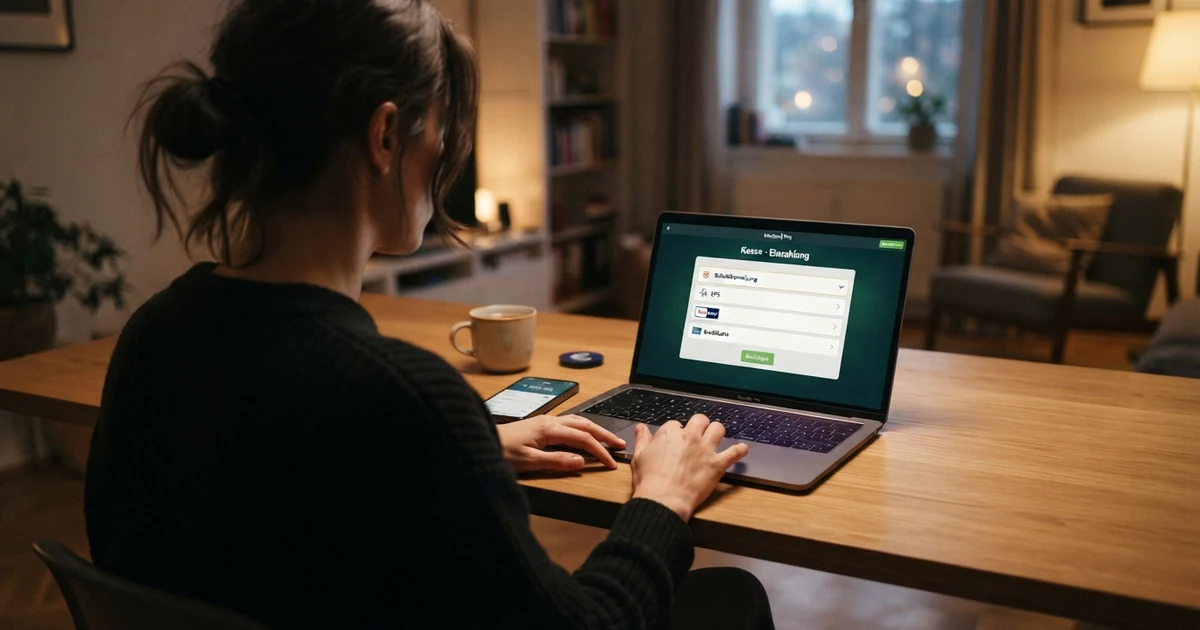 Eine Spielerin sitzt vor dem Laptop und wählt im Casino-Kassenbereich die Zahlungsmethode „Sofort“ aus, im Hintergrund das Logo der Sofort-Überweisung