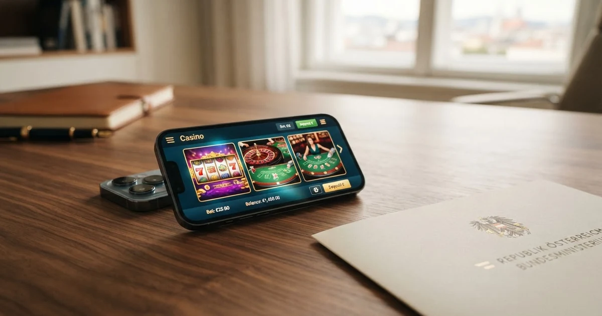 Smartphone-Bildschirm mit Trustly-Logo und einer Casino-Lobby im Hintergrund, daneben das österreichische Bundeswappen als Symbol für die Rechtslage