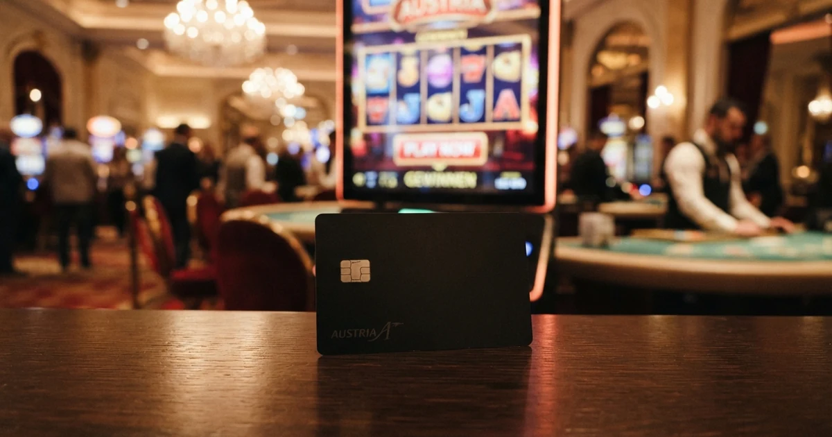 Eine Visa-Kreditkarte liegt auf einer beleuchteten Casino-Lobby-Seite mit Spielautomaten-Icons im Hintergrund