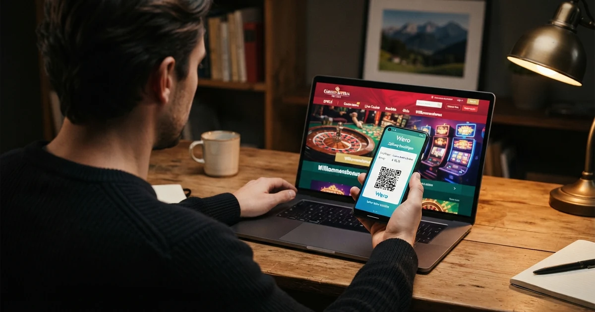 Eine Person hält ein Smartphone mit geöffneter Banking-App und sichtbarem Wero-QR-Code, daneben ein Casino-Willkommensbildschirm auf einem Laptop.