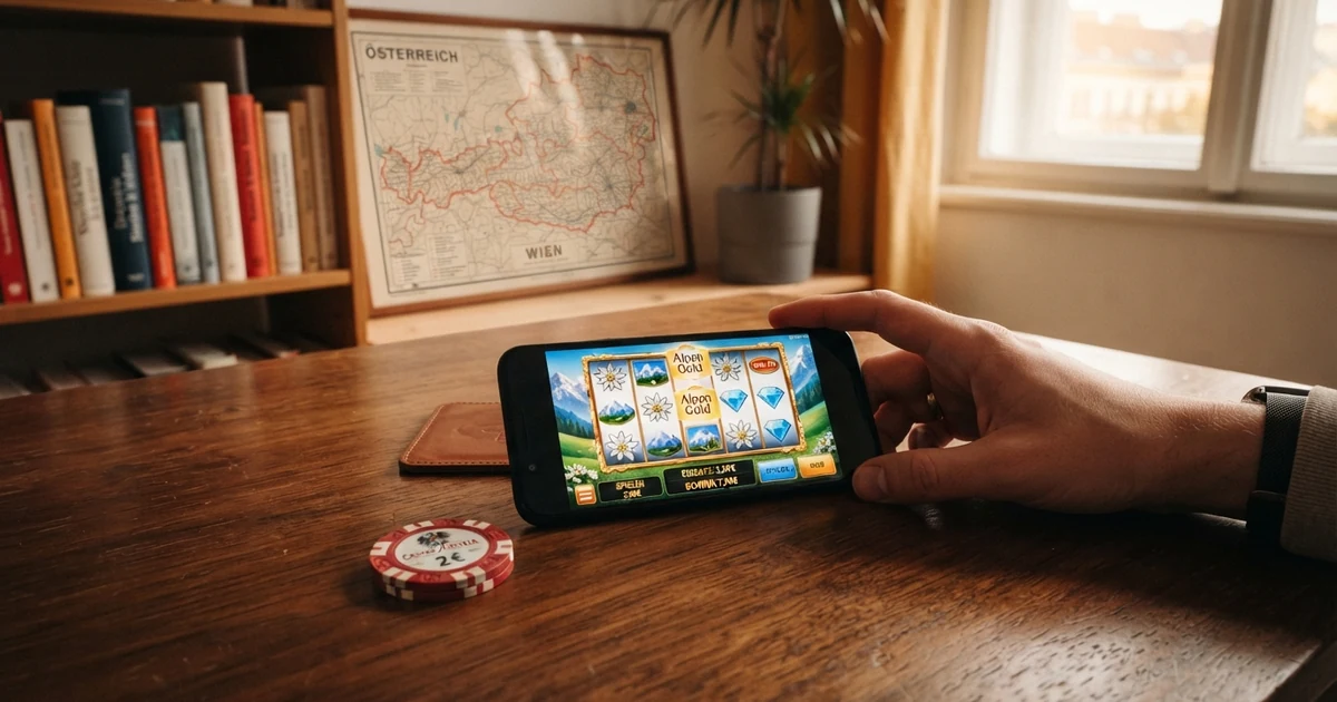 Österreichische Online-Casino-Landschaft mit Konzessions-Hinweis und Spielerschutz-Symbolen
