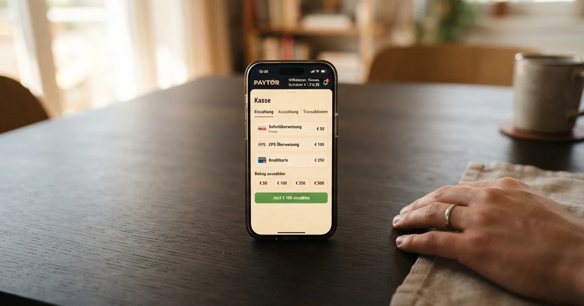 ecoPayz-Logo auf einem Smartphone-Bildschirm neben einer geöffneten Online-Casino-Kasse