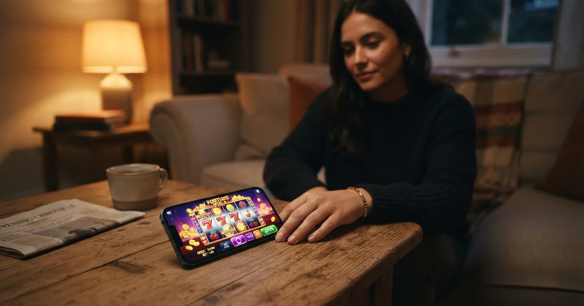 Eine Nahaufnahme eines Smartphones mit einer geöffneten Casino-App; im Hintergrund ein aufmerksamer Blick auf den Bildschirm. Kein Gesicht erkennbar, die Szene spielt in einem Wohnzimmer bei Abendlicht.
