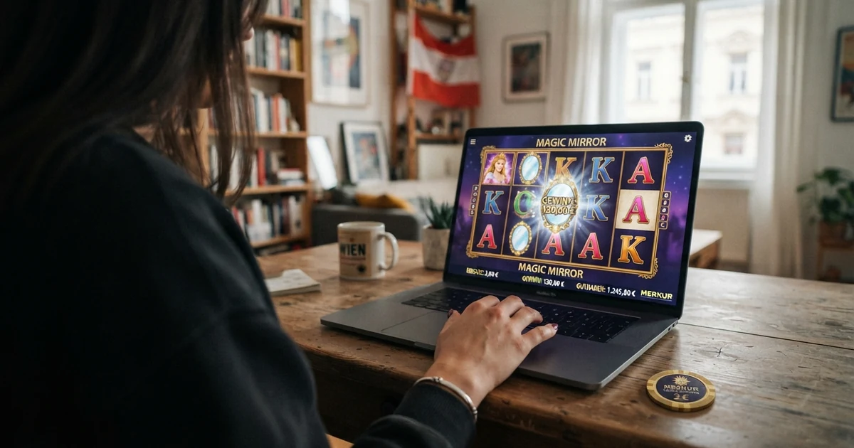 Bildschirmfoto einer Online-Casino-Startseite mit Merkur-Spielautomaten in der Spieleauswahl, im Hintergrund stilisiert die österreichische Flagge
