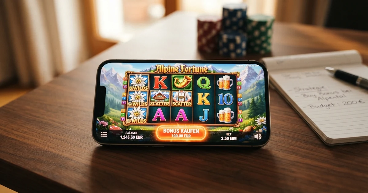 Ein Spielbildschirm eines Online-Slots mit hervorgehobenem „Buy Bonus“- oder „Feature Buy“-Button, der den direkten Kauf der Bonusrunde anbietet